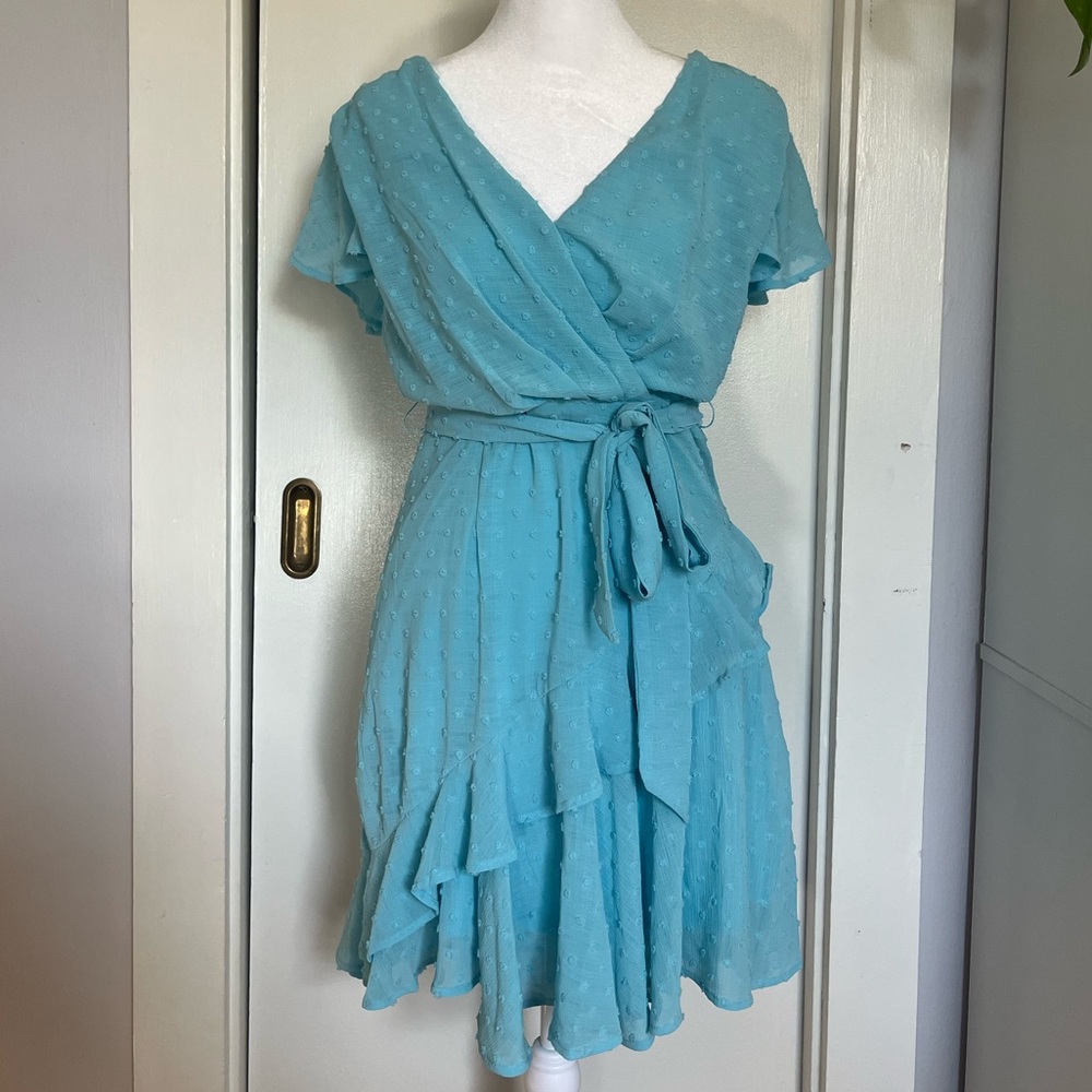 Light blue wrap dress with tie waist